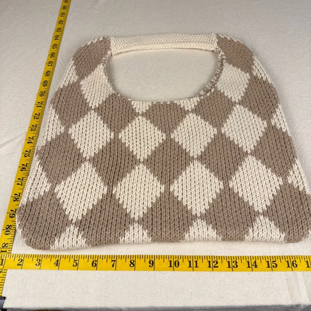 Kopari Tote Bag Women OS Tan Cream Boho Limited Edition Checkered Knit Diamond
